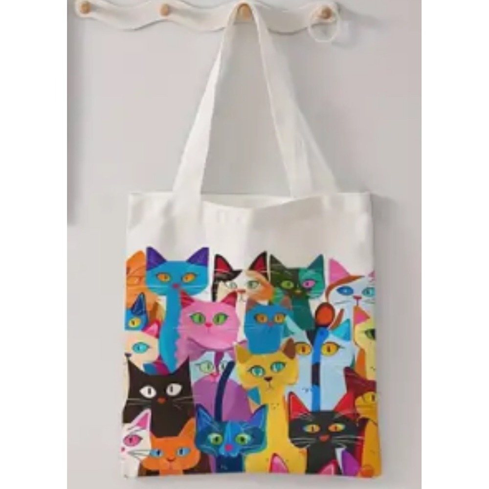 Canvas Tote Bag‎ Colorful Cats Graphic Shoulder Bag Reusable New